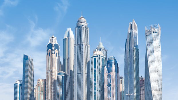 Stunning view of Dubai's iconic skyscrapers under a clear blue sky.